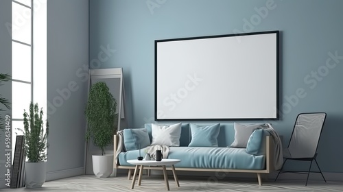 living room with a blank empty painting frame on a wall with a 2 inch frame, colors: blue, white, focus on the picture, 24mm lens, realistic, design, commercial, plants, furniture, generative ai