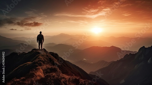 Majestic mountain landscape with a hiker silhouette reaching the summit during sunset  generative ai