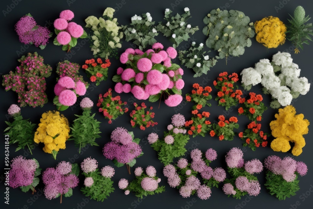 Set of flowers and shrubs. top view, generative ai Set of flowers and shrubs. top view, generative ai
