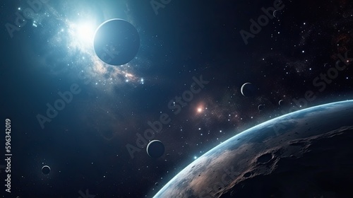 Space wallpaper banner background. Stunning view of a cosmic galaxy with planets and space objects. generative ai