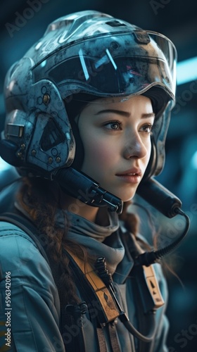 Portrait of a beautiful girl in the helmet of an astronaut. Generative AI © LAYHONG