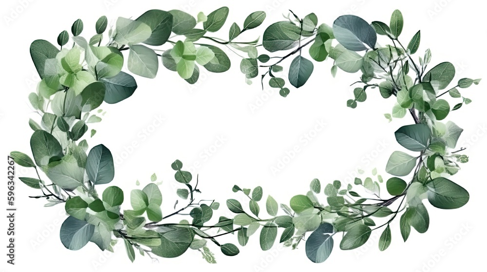 Wreath made of eucalyptus branches. Green floral frame made of eucalyptus leaves. Decorative wreath isolated on white. generative ai