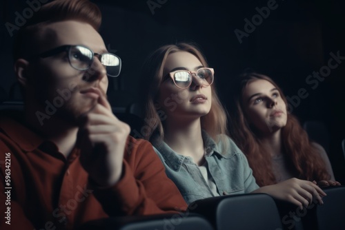 group of young people watching movie in cinema, focus on man. Generative AI
