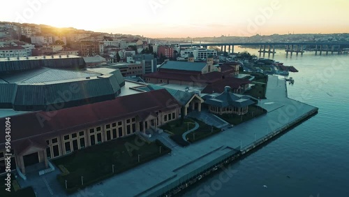 Aerial view of Halic Congress Center and Halic Bridge at sunrise over Istanbul. Halic Kongre Merkezi. photo