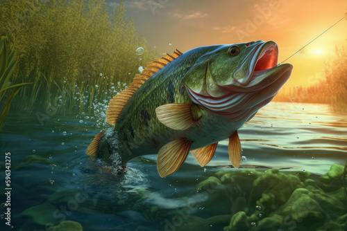 Largemouth Bass Hooked at Sunset created with Generative AI Technology, ai, generative
