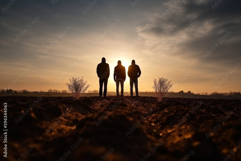 men holding soil and plants growing leaves with a sunset light