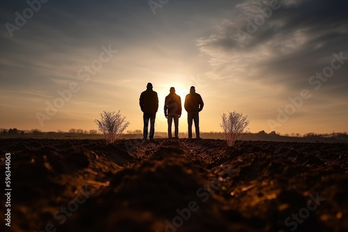 men holding soil and plants growing leaves with a sunset light