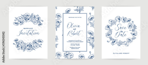 Blue Marriage design template with custom names in frame with floral. Vector illustration.
