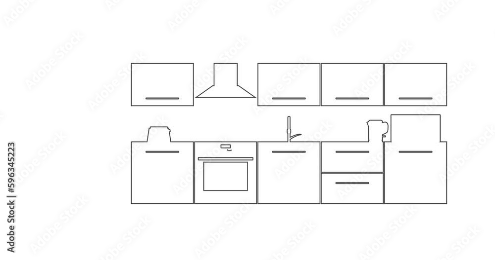 Kitchen interior animation. Thin line style drawing Kitchen interior animation. Thin line style drawing