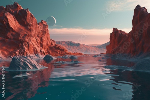 A minimalist 3D abstract landscape with water, cliffs, rocks, mountains, and a dramatic red-blue sky. Perfect as a horizontal wallpaper. Generative AI