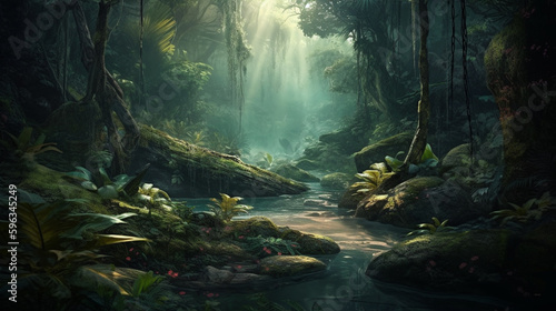 dreamy fantasy deep jungle lush vegetation and flowers , generative ai  © Coka