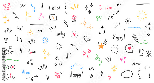 Doodle cute glitter pen line color elements. Doodle heart, arrow, star, sparkle decoration symbol set icon. Simple sketch line style emphasis, attention, pattern elements. Vector illustration