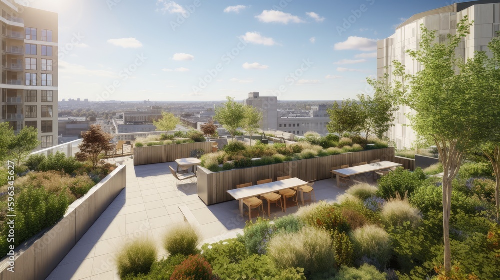 A lush rooftop garden with various plants, seating areas, and eco - friendly solar panels, overlooking a vibrant cityscape, generative ai A lush rooftop garden with various plants, seating areas, and eco - friendly solar panels, overlooking a vibrant cityscape, generative ai