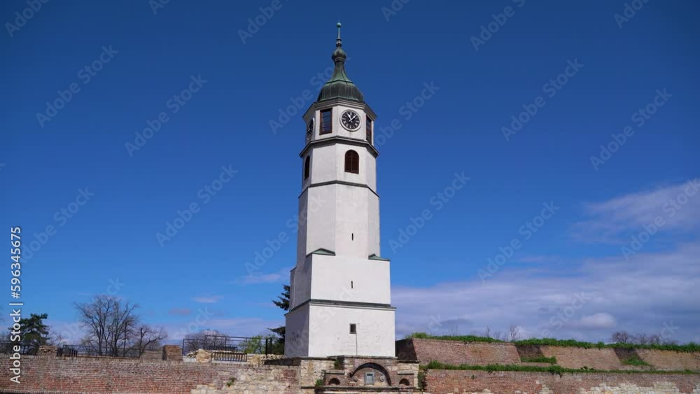 Clock Tower Sahat Tower at Belgrade Fortress and Kalemegdan Park. Belgrade, Serbia - April 2, 2023. Clock Tower Sahat Tower at Belgrade Fortress and Kalemegdan Park. Belgrade, Serbia - April 2, 2023.