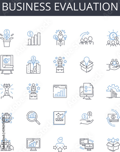 Business evaluation line icons collection. Economic analysis, Market assessment, Financial appraisal, Corporate examination, Commercial appraisal, Strategic scrutiny, Industrial Generative AI