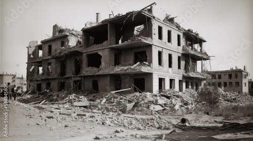  A residential building damaged by an enemy aircraft during war, generative ai