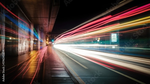  abstract long exposure dynamic speed light trails in an urban environment. generative ai