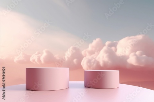 3D illustration two podium for display or show cosmetics with background of beautiful sky pastel pink tones. display stand or product presentation. generative ai