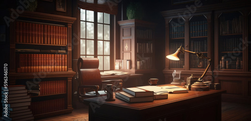 Classic office interior, wooden furniture and books. Generative AI