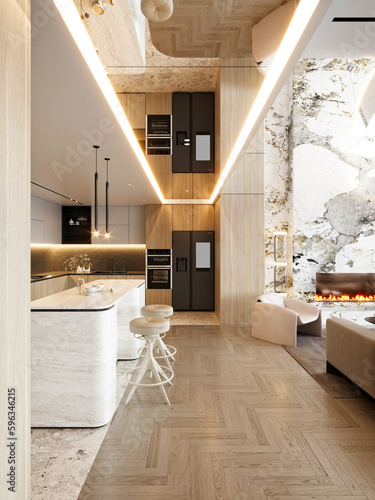 Modern and luxury home interior living room, kitchen