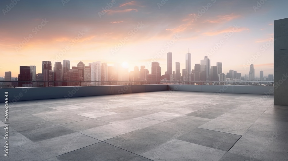  Perspective view of empty concrete floor and modern rooftop building with sunset cityscape scene, generative ai