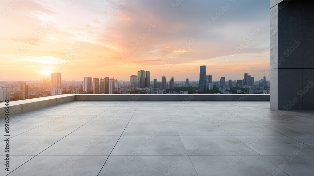  Perspective view of empty concrete floor and modern rooftop building with sunset cityscape scene, generative ai