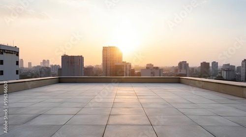  Perspective view of empty concrete floor and modern rooftop building with sunset cityscape scene, generative ai © 3D Station