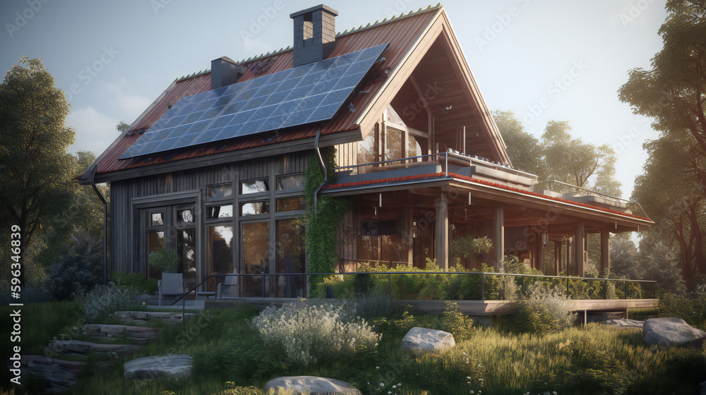 Solar panels on the roof. Glamping in the forest. Renewable energy. Generative AI Solar panels on the roof. Glamping in the forest. Renewable energy. Generative AI