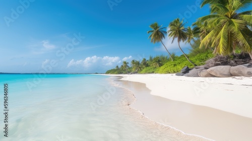  Tranquil seaside landscape with turquoise waters  white sandy beach  and palm trees swaying in the breeze  generative ai