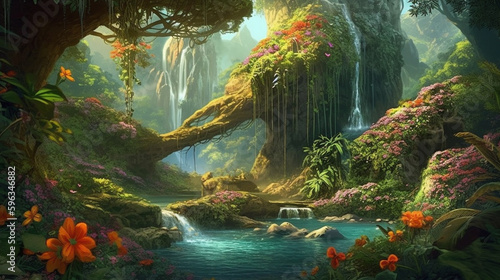 dreamy fantasy waterfalls in deep jungle lush vegetation and flowers   generative ai   water  magical  place  