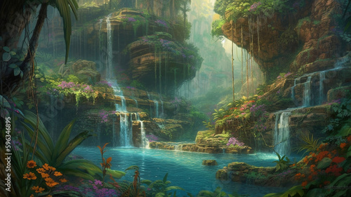 dreamy fantasy waterfalls in deep jungle lush vegetation and flowers , generative ai , water, magical, place, 