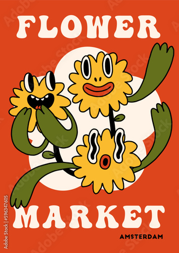 Groovy hippie 70s funny floral poster. Fun cartoon quirky yellow flowers. Vector card in trendy retro psychedelic cartoon style. Vector background. Amsterdam flower market. 