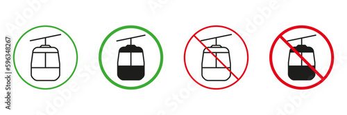 Cable Car Line and Silhouette Icons Set. Mountain Gondola Red and Green Road Signs. Permit and Not Allowed Cableway Transportation Symbol Collection. Isolated Vector Illustration