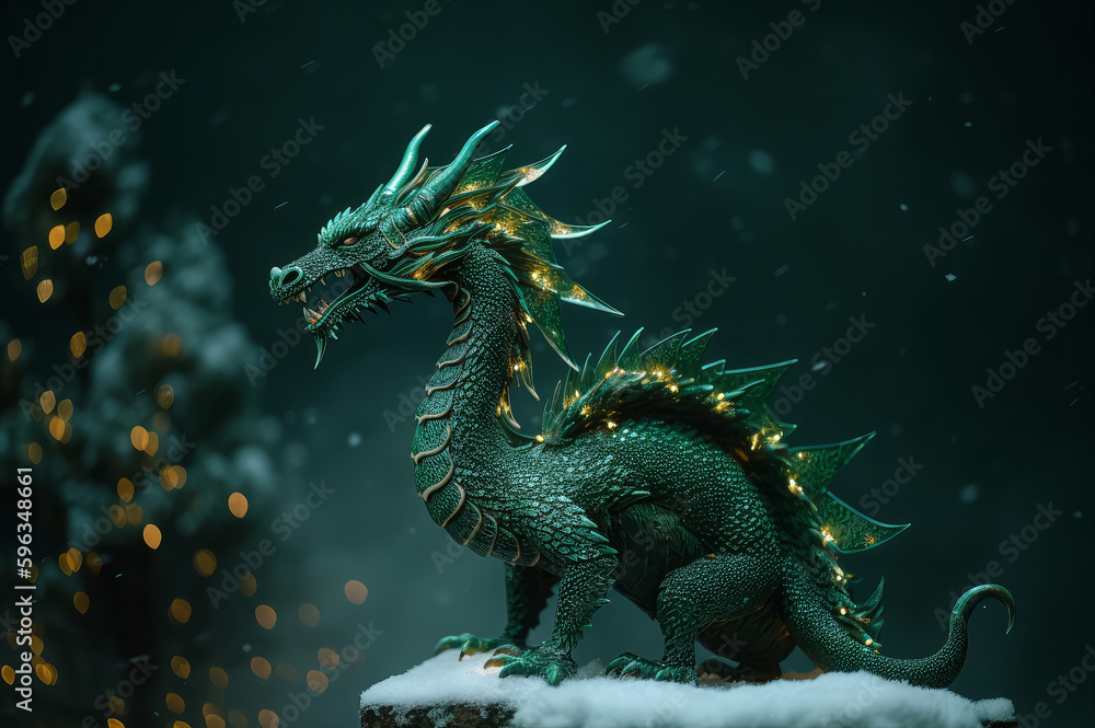Fototapeta premium A green dragon figurine stands on the snow, against the background of a Christmas tree with Christmas balls, a symbol of the Chinese new year 2024. Generative AI