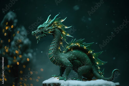 A green dragon figurine stands on the snow, against the background of a Christmas tree with Christmas balls, a symbol of the Chinese new year 2024. Generative AI © Fotosova