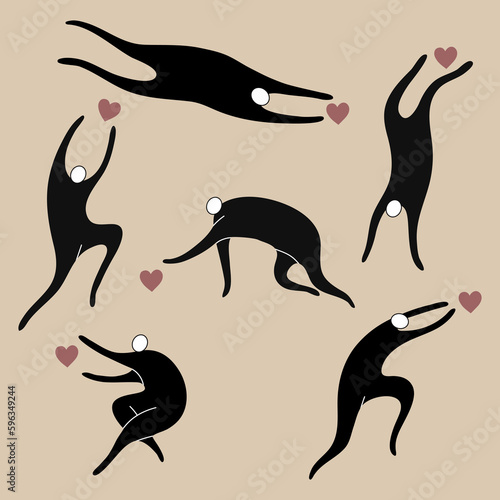 Vector hand-drawn set with black abstract silhouettes of people. Influence of love, pursuit of happiness, desire for love, searching for passion.
