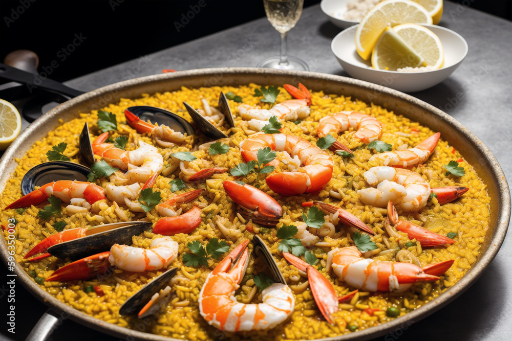 Paella, traditional spanish dish made with rice, Chicken and vegetables, served in a pan. Paella with seafood. Spanish cuisine. Generative AI Paella, traditional spanish dish made with rice, Chicken and vegetables, served in a pan. Paella with seafood. Spanish cuisine. Generative AI