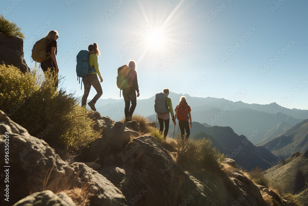 group of hikers in the mountains - obrazy, fototapety, plakaty 