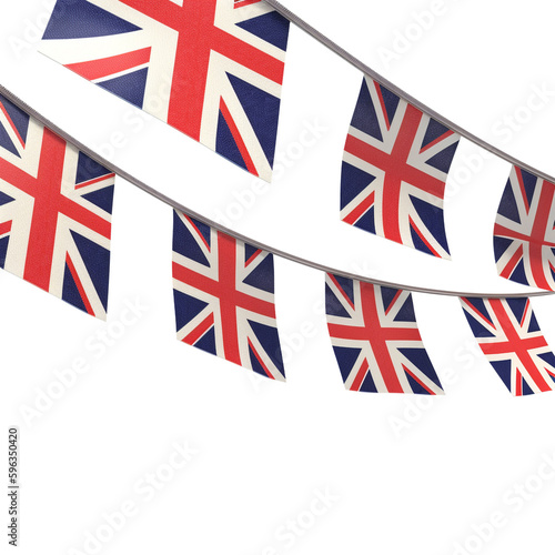 United Kingdom flag on the ropes on white background. Set of Patriotic bunting flags. Bunting decoration of United Kingdom flag, Created using generative AI tools.