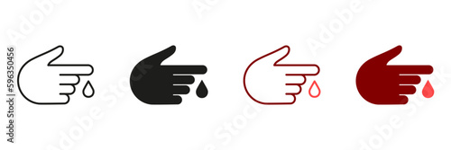 Hypoglycemia Probe Black and Red Sign. Glucose Level Analysis, Blood Test for Diabetes Disease Line and Silhouette Icon Set. Human Hand with Blood Drop, Sugar Research. Isolated Vector Illustration