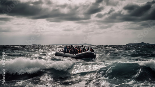 Schlauchboot mit Flüchtlingen auf dem Mittelmeer, Angst und Hoffung, generative AI