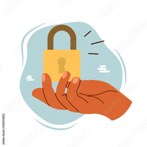 miniature hand holding padlock shows security, hand gesture with padlock, business concept