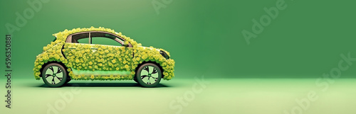 Electric modern car formed by green leaves and flowers. Low emission eco car concept. Generative AI