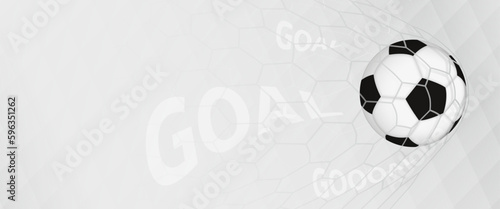 Illustration of scored goal, football ball in net. Gray banner with ball and text goal.