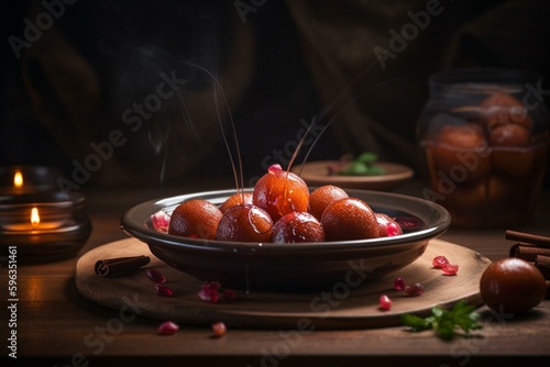 Round dish with sweet Indian dessert, Gulab Jamun. Generative AI photo