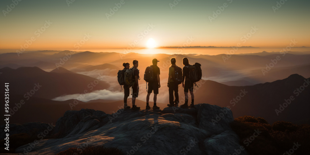 a group of hikers enjoying a majestic sunrise view, fictional persons created with generative ai