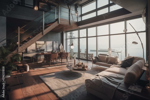 Contemporary deluxe seaside loft/apartment. Generative AI © Thessaly