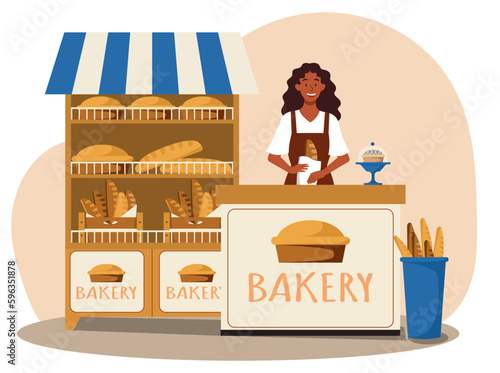 Concept of bakery. Woman stands behind counter with flour products, cafe. Small business owner or cashier. Young girl with bun and bread. Cartoon flat vector illustration