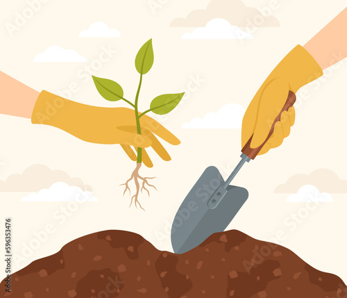 Two hands in yellow rubber gloves with a shovel and a seedling. Planting a sprout in the soil. Vector flat illustration