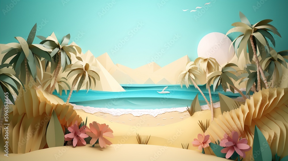 Paper art of a beach with palm trees and mountains in the background, generative AI